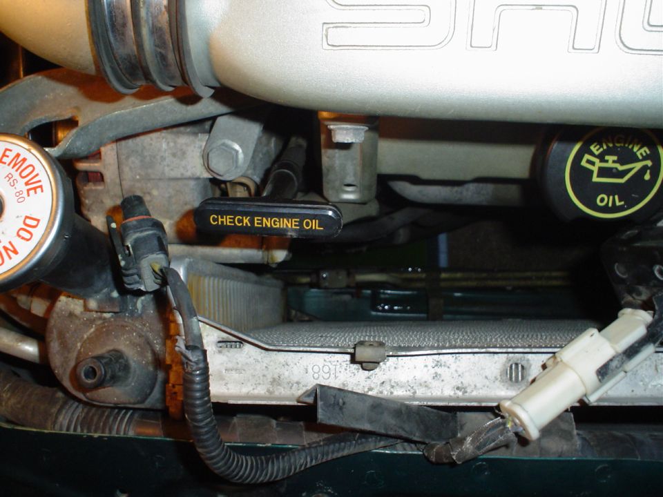 Engine detail showing SHO intake runners above radiator, oil cap and a black Check Engine Oil dipstick handle
