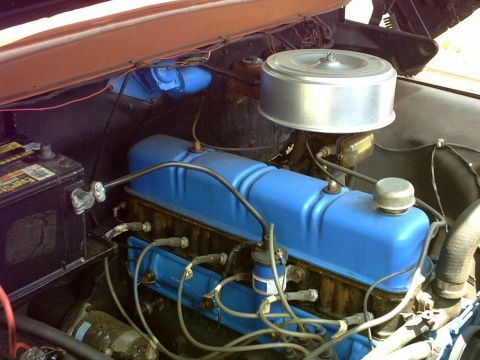 1954 Ford F-100 - The engine bay of a 1954 Ford F-100 shows its blue valve covers and air filter assembly.
