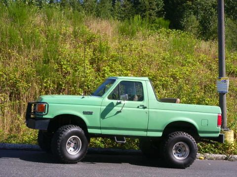1990 Ford Bronco - Driver-side profile of a lifted mint-green Ford Bronco with the fiberglass top removed, parked on pavement in front of a tall weedy embankm…