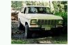 1988 Ford Bronco - This pickup truck is parked in an outdoor setting with trees and logs in the background.