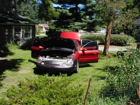 1997 Ford Taurus - A red 1997 Ford Taurus sedan sits in a grassy yard with its hood and driver's door open.