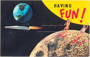 1996 Ford Bronco - An illustration depicts children surfing on the moon with a rocket and Earth in the background, promoting "SUPER MOTORS".