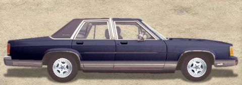 1990 Ford Crown Victoria LTD - Side profile of a dark blue 1990 Ford Crown Victoria LTD sedan with a vinyl roof and chrome accents.