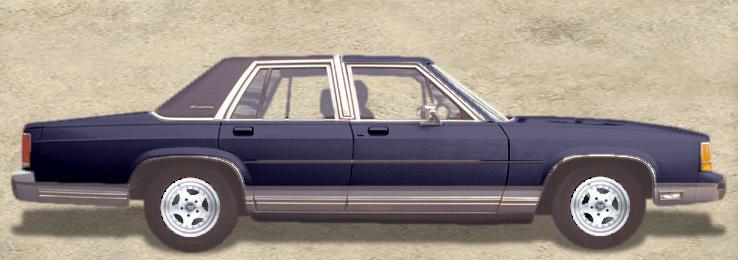 Dark blue 1990 Ford Crown Victoria LTD sedan, side view, showing chrome trim and alloy wheels