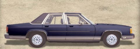1990 Ford Crown Victoria LTD - Side profile of a 1990 Ford Crown Victoria LTD sedan, a dark blue exterior and chrome trim.