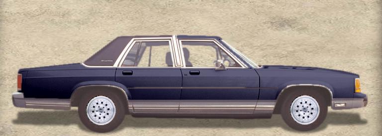Dark blue 1990 Ford Crown Victoria LTD sedan, side view