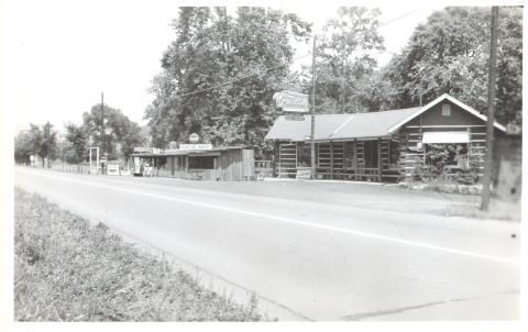 1995 Ford Bronco - A view of roadside businesses, including a log cabin-style building and a diner, situated along a highway.