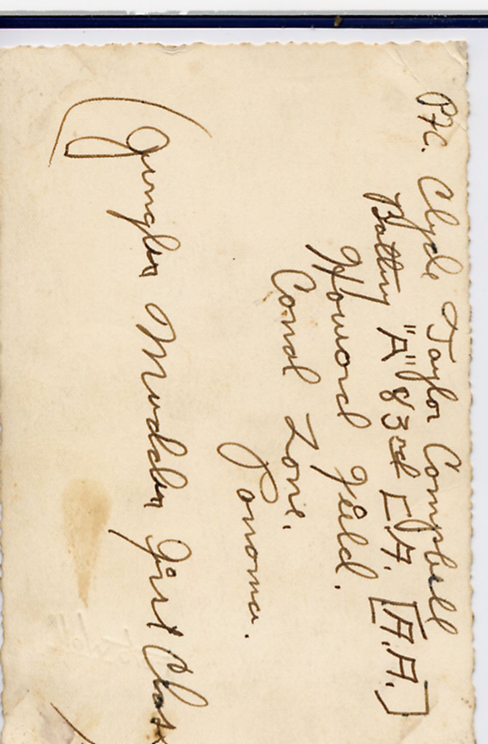 Back of a photo with handwritten names and locations. Includes 'Ptc. Clyde Taylor Campbell', 'Battery "A" 3rd E.A.F.A.', 'Howard Field', 'Coral Zone, Janoma.', and 'Jungles Muddy First Class'