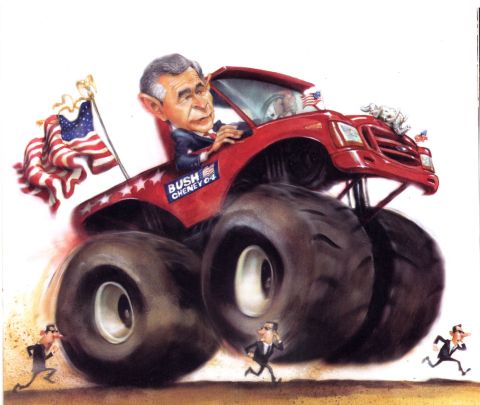 1981 Ford Bronco - Caricature of George W. Bush driving a red monster truck with "BUSH CHENEY 04" displayed on the side.