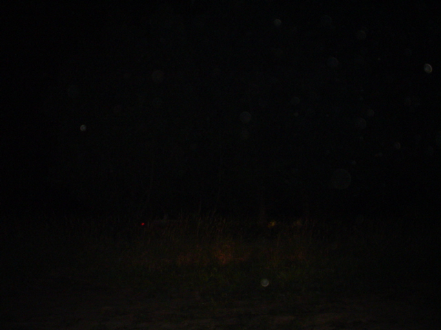 Dark scene with faint red and yellow lights visible in the distance, possibly from a vehicle