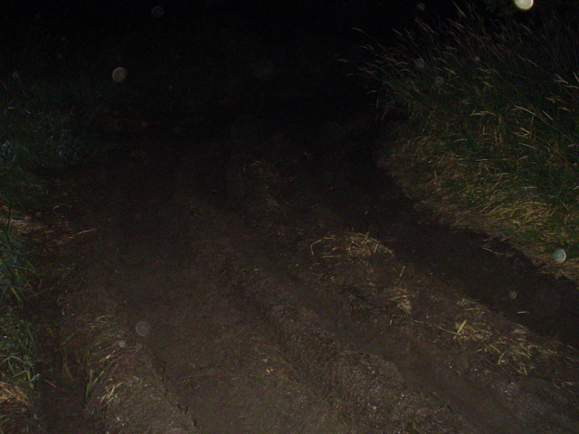 Muddy track through grass at night with Supermotors.net watermark
