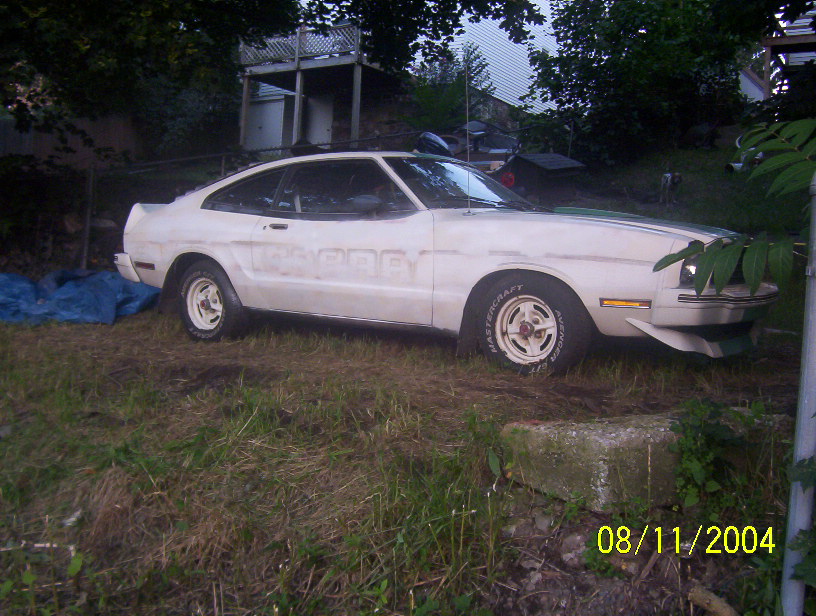 White Ford Mustang II hatchback parked on grass in a backyard, 3/4 front view