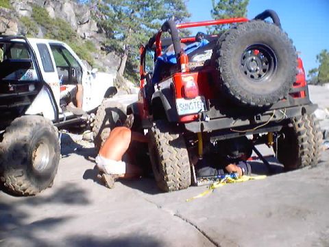 1976 Ford F-100 - Little Sluce. The Jeep busted a bolt holding on a traction bar causing the axle tube to turn and the driveshaft to break.