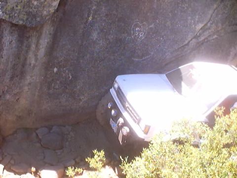 1976 Ford F-100 - Pickup truck is stuck on a rocky trail, partially obscured by bushes.