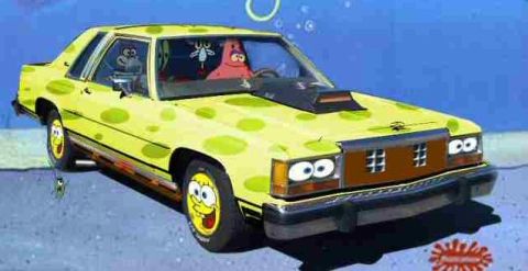 1985 Ford LTD Crown Victoria - A digitally edited photo of a boxy square-headlight Ford two-door sedan seen from the 3/4 front, recolored SpongeBob yellow with green spot…