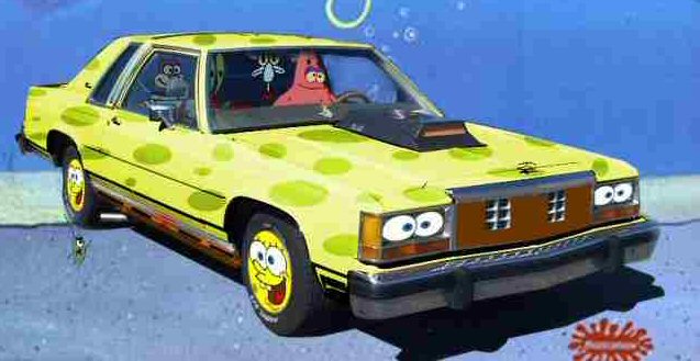 Boxy Ford two-door photoshopped SpongeBob yellow with green spots and cartoon eyes