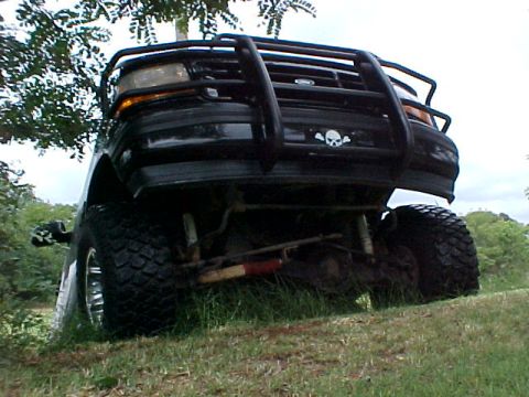 1995 Ford Bronco - This modified Ford Bronco features a heavy-duty bull bar and large off-road tires, suggesting it's built for terrain.