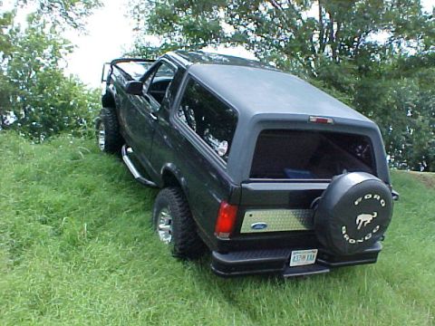 1995 Ford Bronco - This black 1995 Ford Bronco is seen from a rear three-quarter view, parked on a grassy incline with its spare tire mounted on the back.
