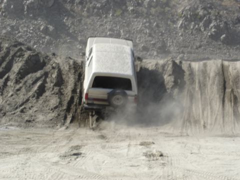 1988 Ford Bronco - A white SUV navigates a dusty, off-road terrain, with its rear visible and a spare tire mounted.