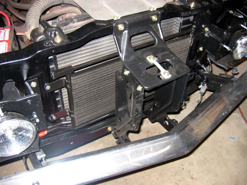 This trans cooler is actually an oil cooler from a new Dodge Dakota. It's weird how nicely it fits in a 33 year old Ranchero. Finally, Dodge got something right.