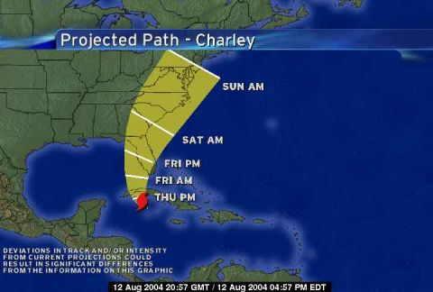 1993 Ford Bronco - Weather graphic showing the projected path of Hurricane Charley over the southeastern US, dated August 2004.