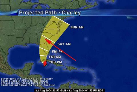 1995 Ford Bronco - Hurricane Charley's projected path across Florida and the southeastern United States, with estimated arrival times.