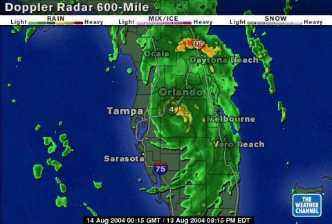 1993 Ford Bronco - A Doppler radar map displays weather conditions across Florida, indicating areas of rain and mixed precipitation.