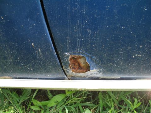 1967 Ford Mustang - This vehicle shows significant rust damage on its lower door panel, indicating potential structural issues.
