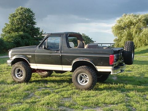1993 Ford Bronco - This Ford Bronco, with its removable top, is shown from a three-quarter front angle in a grassy field.