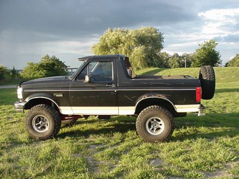 1993 Ford Bronco - Side view of a black 1993 Ford Bronco parked on a grassy field under a cloudy sky.