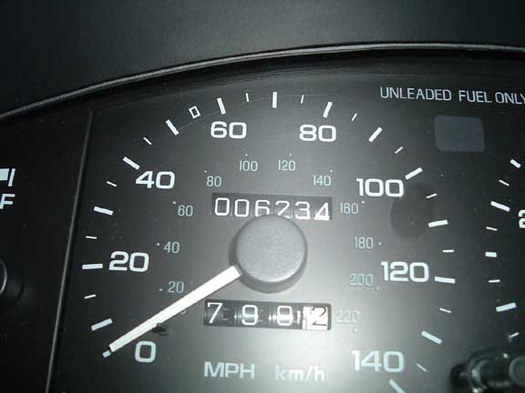 Speedometer close-up showing 6,234 miles on odometer and trip meter at 799.2