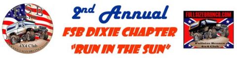 1994 Ford Bronco - Two Ford Broncos are depicted in a graphic for the FSB Dixie Chapter "Run in the Sun" event.