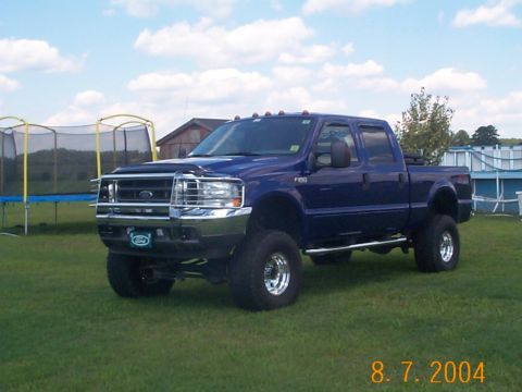 1978 Ford Bronco - This blue Ford F-250 Super Duty pickup truck is parked on a grassy lawn under a partly cloudy sky.