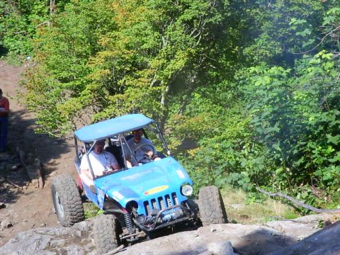 1990 Ford Bronco - A blue off-road buggy navigates a challenging rocky terrain with lush green foliage in the background.