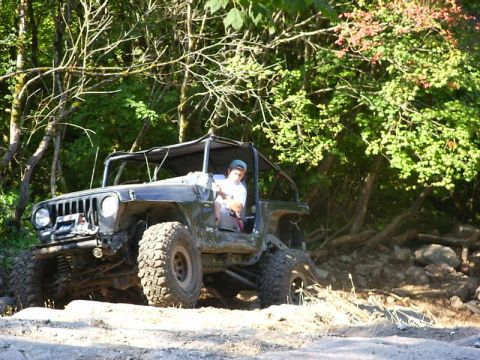 1990 Ford Bronco - A person is driving a modified Jeep Wrangler off-road through a wooded area.