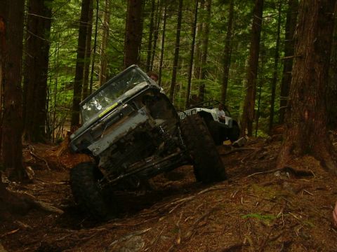 1990 Ford Bronco - Off-road vehicles traverse a challenging path through a dense forest, with one vehicle at a precarious angle.