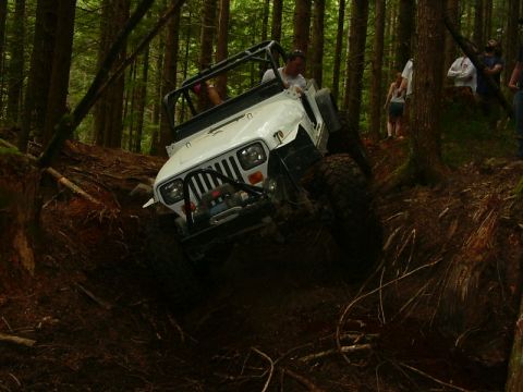 1990 Ford Bronco - A white Jeep Wrangler TJ navigates a steep, muddy incline in a dense forest.