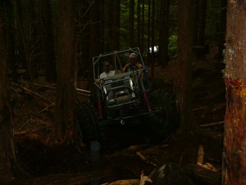1990 Ford Bronco - Two people navigate an off-road buggy through a wooded area with thick trees and debris on the ground.