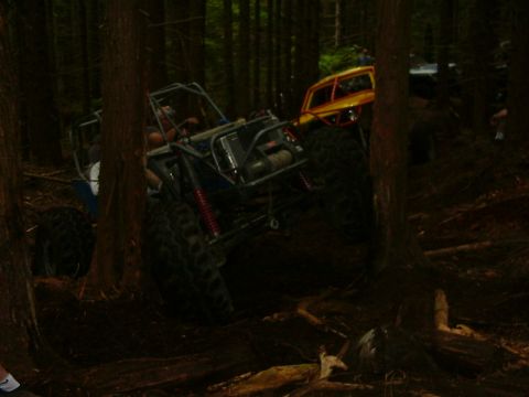 1990 Ford Bronco - Two custom off-road vehicles navigate a wooded trail with dense trees.