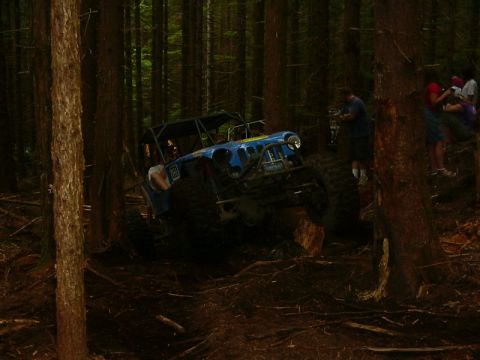 1990 Ford Bronco - Custom off-road buggy tackles a challenging path through a dense forest.