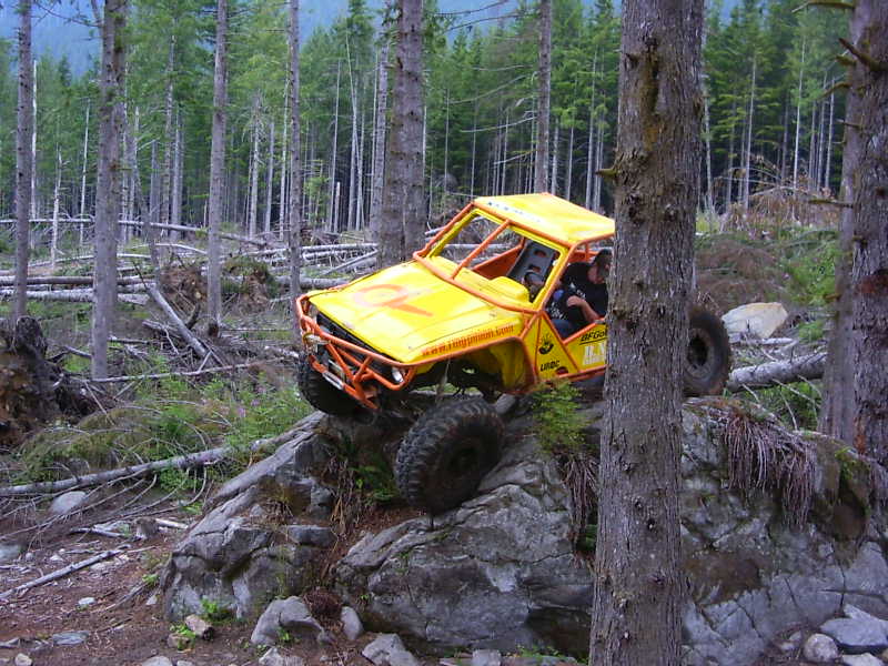 Yellow buggy with orange roll cage going over rocks in a forest