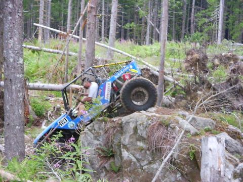 1990 Ford Bronco - This buggy is navigating a difficult rocky terrain with fallen trees in the background.