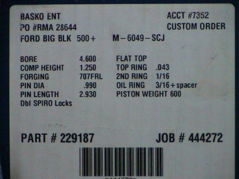 1979 Ford Bronco - A label details engine part specifications, including bore, compression height, and ring dimensions.