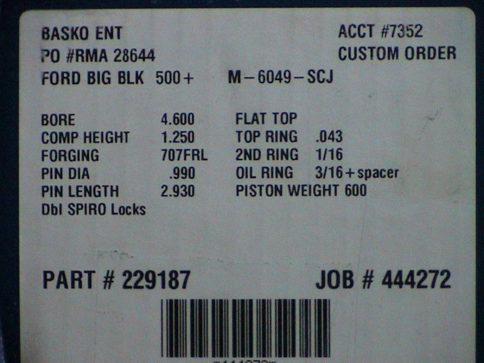 Basko Ent piston box label for Ford big-block, 4.600 bore, flat top, part 229187