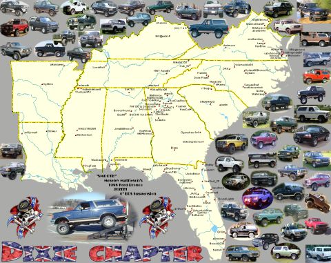 1995 Ford Bronco - A collage of Ford Broncos and SUVs is overlaid on a map of the southeastern US, with a prominent 1985 Bronco featured.