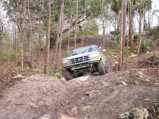Green 1990s Ford 4x4 descending a churned muddy trail ledge in palmetto woods