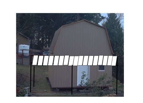 1977 Ford F-150 - A shed with a gambrel roof is shown with solar panels mounted in front of it.