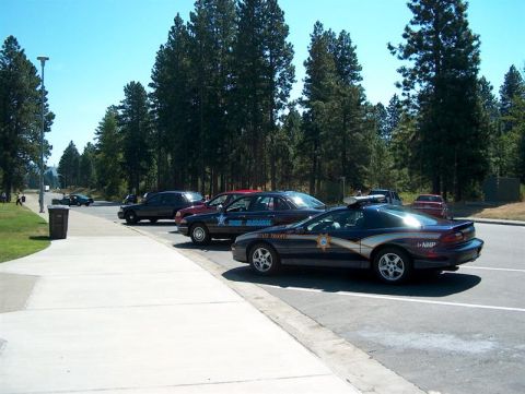 2001 Ford Crown Victoria - Multiple police vehicles are parked in a lot on a clear day, with trees in the background.