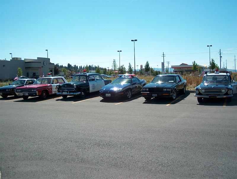 Several police cars parked in a lot under a clear sky
