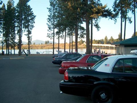 2001 Ford Crown Victoria - A line of police cars are parked near a body of water with trees in the background.